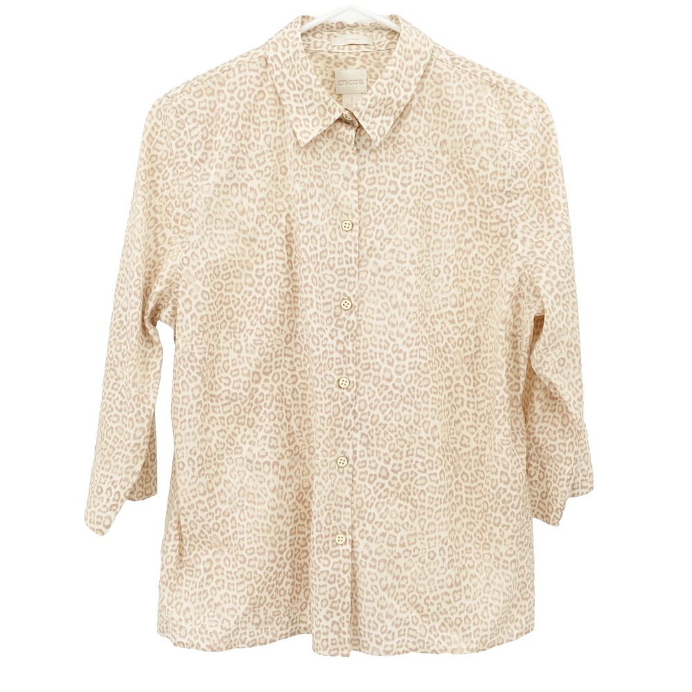 Chicos Button Up Shirt SZ 1 US M/8 Leopard Print 3/4 Sleeve Leisurewear Resort